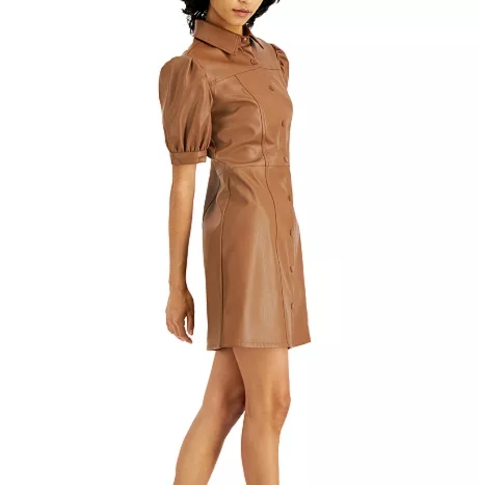 KIT & SKY  Faux-Leather Puff-Sleeve Button-Down Pleated Dress Brown Size XXL